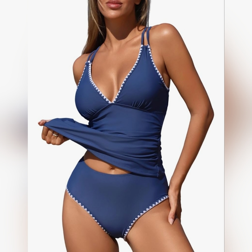 ZAFUL Womens Tankini Swimsuits V Neck Push Up Swim Top Color Block Tummy Control
